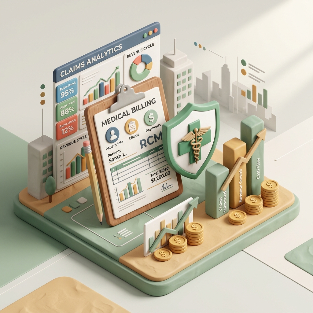 Revenue Cycle Management 3D Clay Medical Billing Dashboard